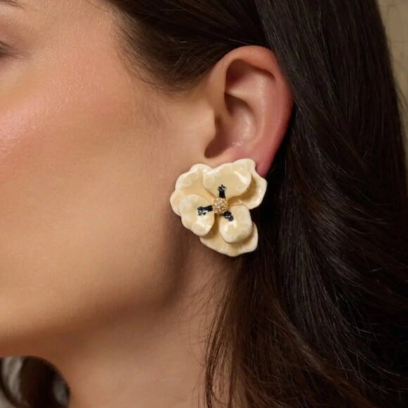 Kenneth Jay Lane Jewelry - NEW Kenneth Jay Layne Beige Gold Crystal Pave Retro Coquette Flower Earrings